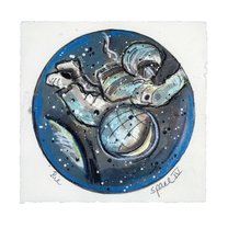 Fly me to the moon plakat poster gallery galleri visualartist billedkunstner billedkunst art kunst danishartist denmark drawing tegning Anne Marie Johansen astronaut space travel painting maleri 