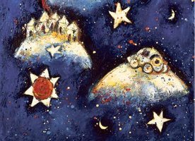 Galaksen med de 3 måner oliemaleri af billedkunstner Anne Marie Johansen